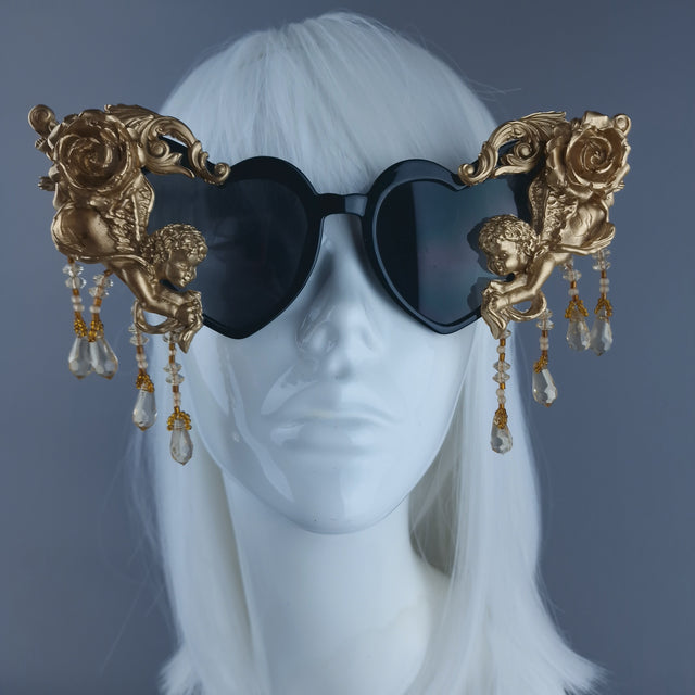 "Seraphina" Black & Gold Cherub, Filigree & Beading Heart Shaped Sunglasses