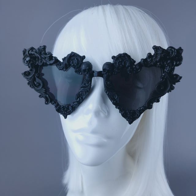 "Deadly" Black Filigree Skull Heart Shaped Sunglasses