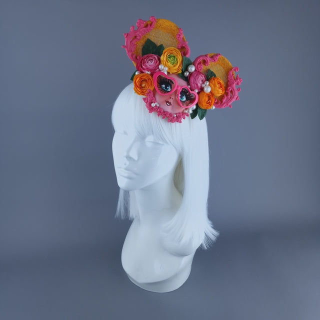 "Meep" Orange & Pink Dollface Ear Fascinator Hat