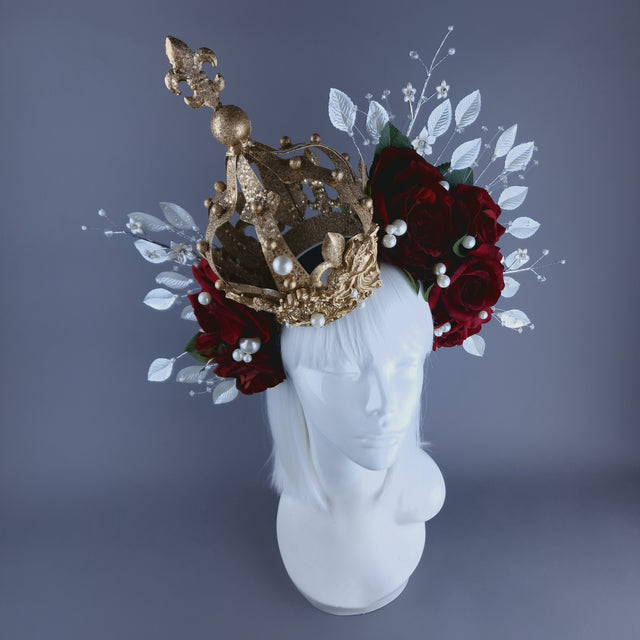 "Mater Dei" Red Rose, Pearls & Gold Crown Halo Headdress