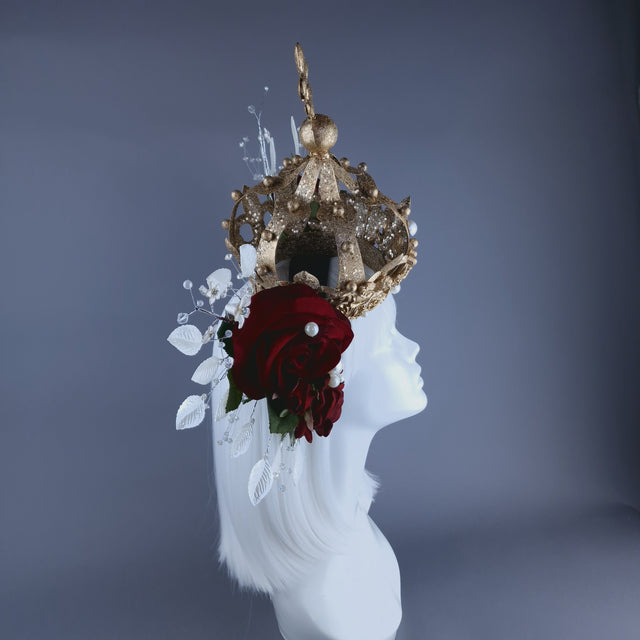 "Mater Dei" Red Rose, Pearls & Gold Crown Halo Headdress