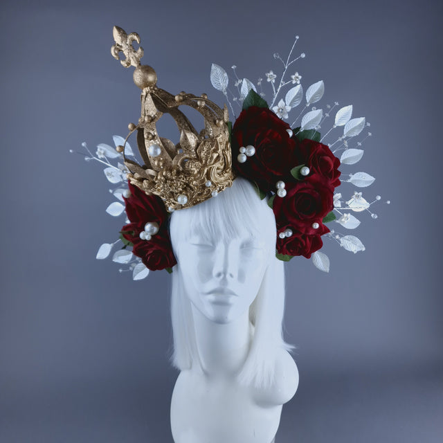 "Mater Dei" Red Rose, Pearls & Gold Crown Halo Headdress
