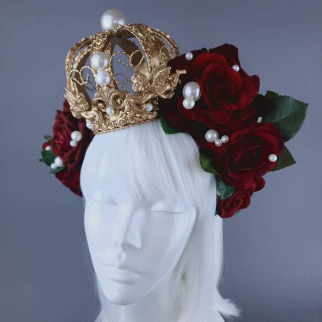 "Amantes Amentes" Red Rose, Pearls & Gold Crown Headdress