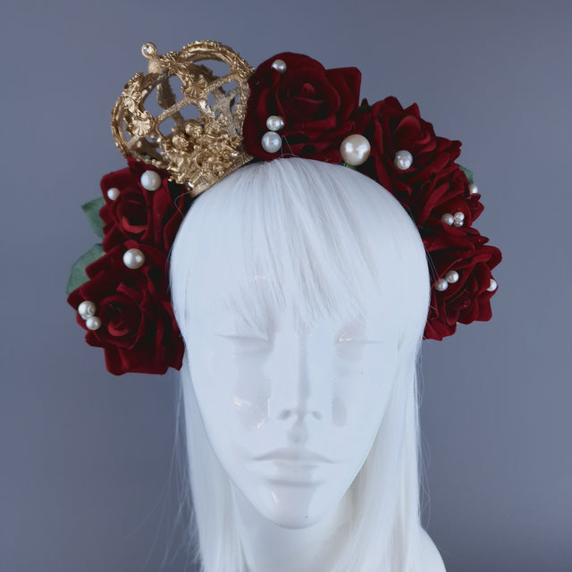 "Sanguis Christi" Red Rose, Pearls & Gold Crown Headdress
