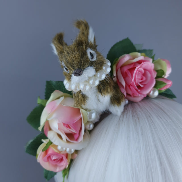 "Fluffi" Bunny Rabbit, Pearls & Pink Roses Headpiece