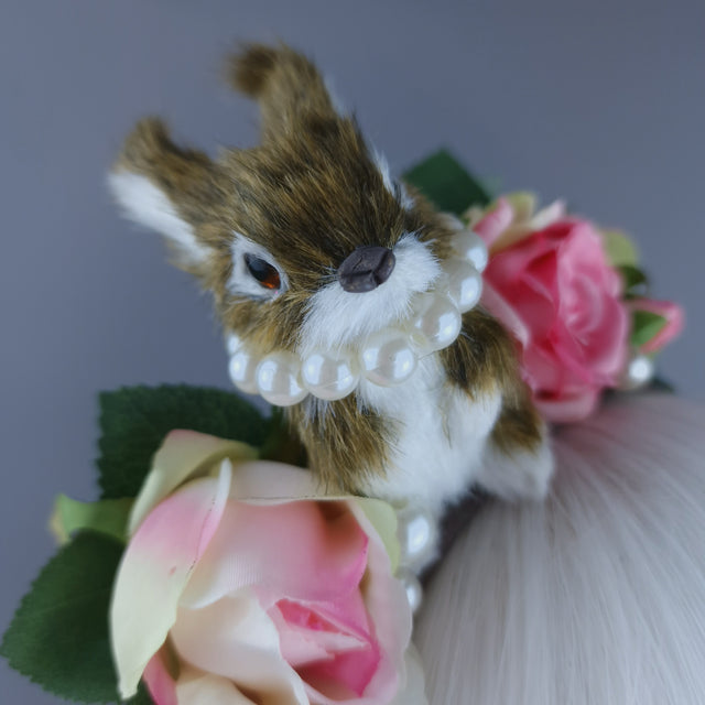 "Fluffi" Bunny Rabbit, Pearls & Pink Roses Headpiece