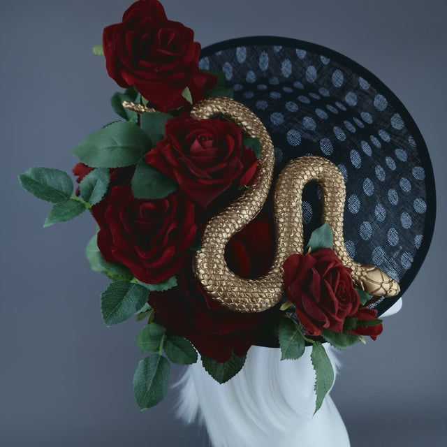"Shesha" Gold Snake, Red Roses Black & White Polka Dot Fascinator Hat