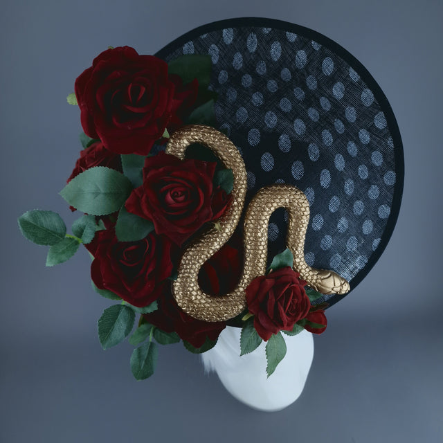"Shesha" Gold Snake, Red Roses Black & White Polka Dot Fascinator Hat