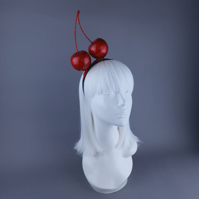 "Cherry Addicted" Large Red Glitter Cherries Headband Headpiece