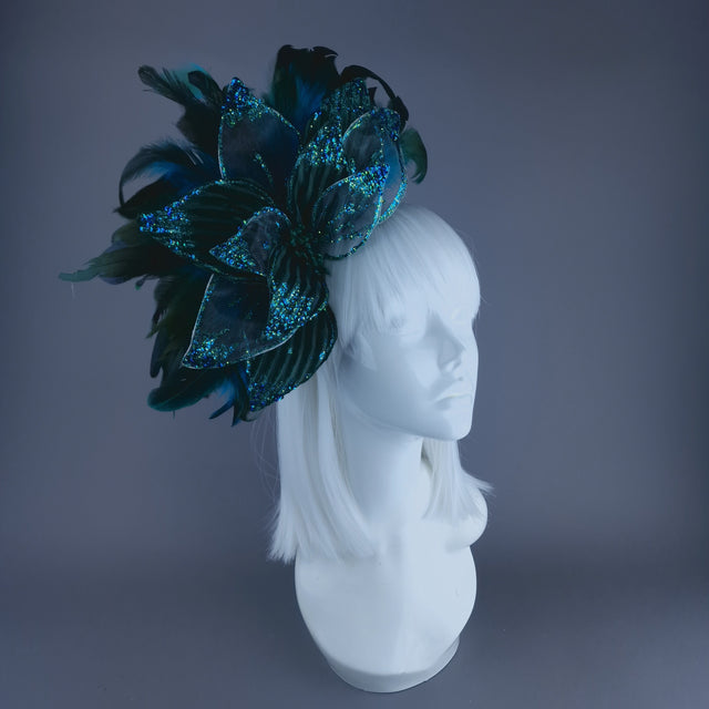 "Pirus" Teal Turquoise Flower Feather Headband Headpiece