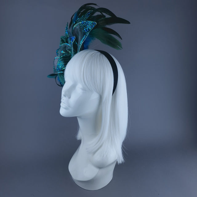 "Pirus" Teal Turquoise Flower Feather Headband Headpiece