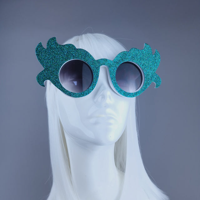 "Kira" Oversized Teal Glitter Sunglasses