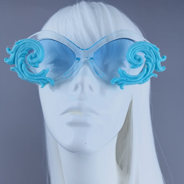 "Rue" Cat Eye Filigree Sunglasses - Blue with Blue Lenses