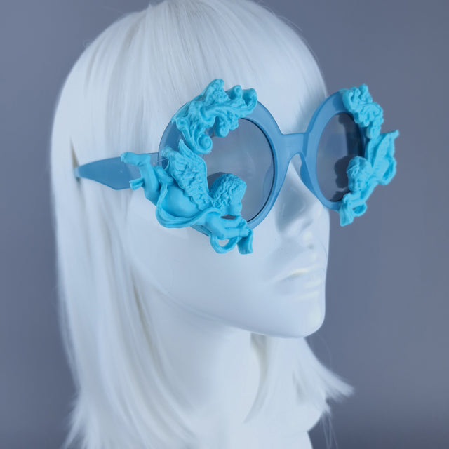 "Nesta" Round Pastel Blue Filigree & Cherub Sunglasses