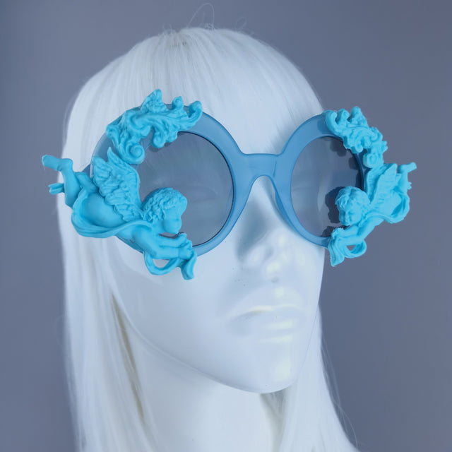 "Nesta" Round Pastel Blue Filigree & Cherub Sunglasses