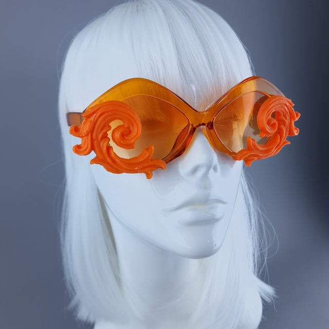 "Rue" Cat Eye Filigree Sunglasses - Orange with Orange Lenses
