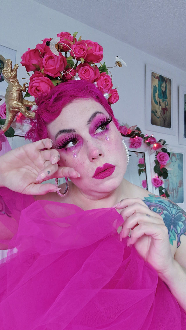 "Dainty" Dinosaur, Pearls & Pink Rose Headdress