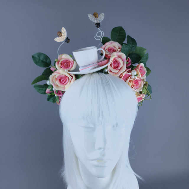 "Q-tea" Teacup, Bees, Pearls & Pink Rose Headdress