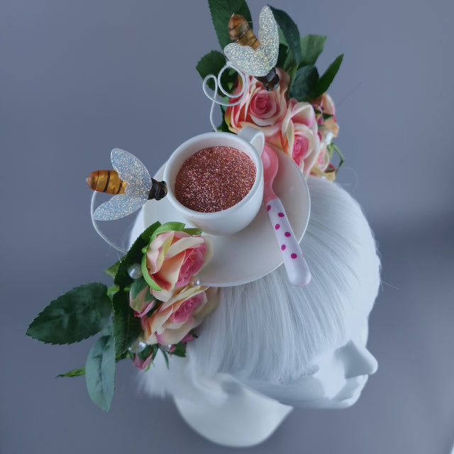 "Q-tea" Teacup, Bees, Pearls & Pink Rose Headdress