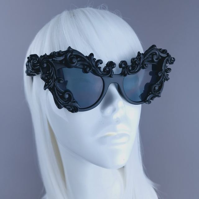 "Lethia" Black Filigree Cats Eye Sunglasses