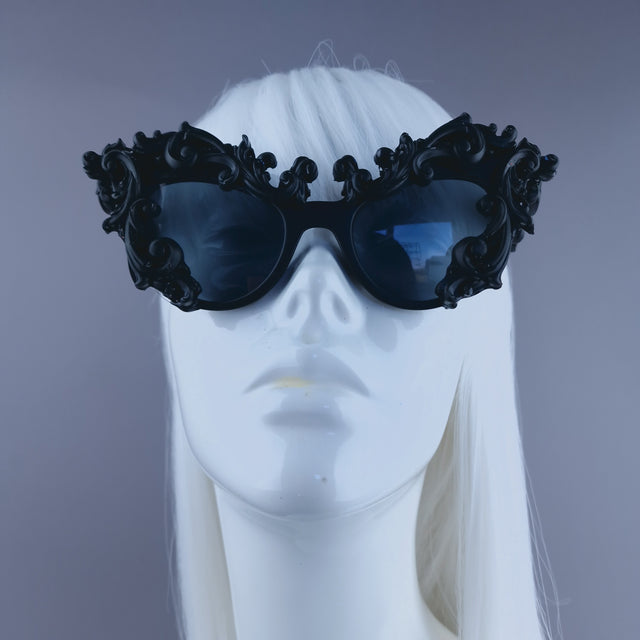 "Lethia" Black Filigree Cats Eye Sunglasses