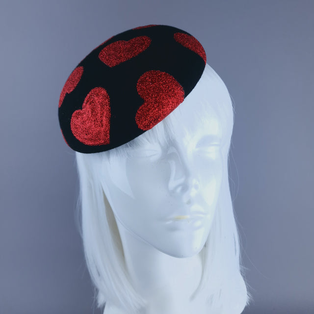 "Sweet Heart" Red Glitter Hearts on Black Fascinator Hat Headdress