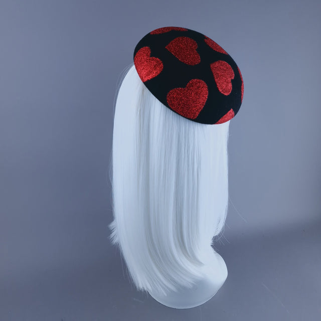 "Sweet Heart" Red Glitter Hearts on Black Fascinator Hat Headdress