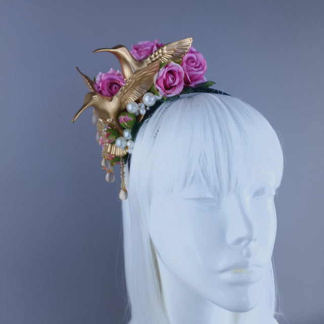 "Kairos" Gold Hummingbirds with Pink Roses & Pearls Headband