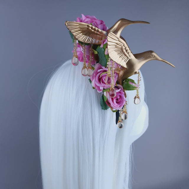 "Kairos" Gold Hummingbirds with Pink Roses & Pearls Headband