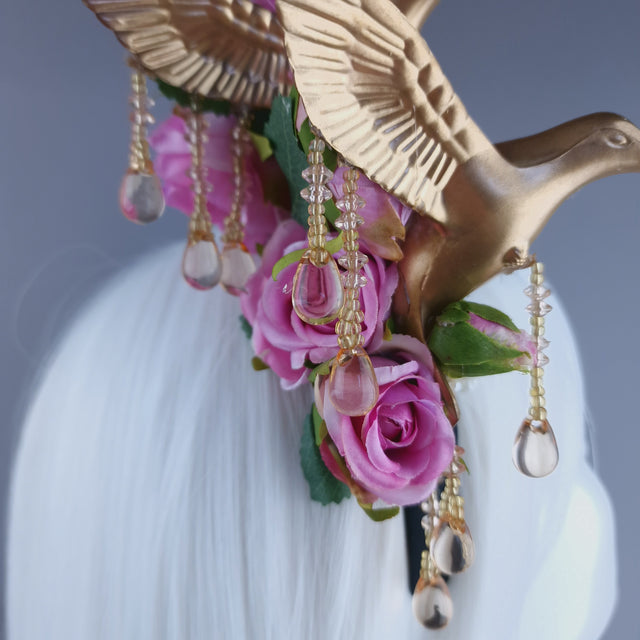 "Kairos" Gold Hummingbirds with Pink Roses & Pearls Headband