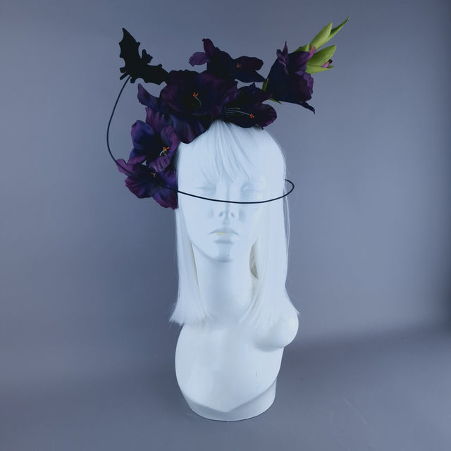 "Eris" Purple Gladioli Flowers and Bat Headband Headpiece