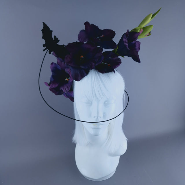 "Eris" Purple Gladioli Flowers and Bat Headband Headpiece