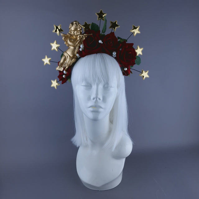 "Sanctissima" Red Rose, Pearls, Star Halo & Gold Cherub Headdress