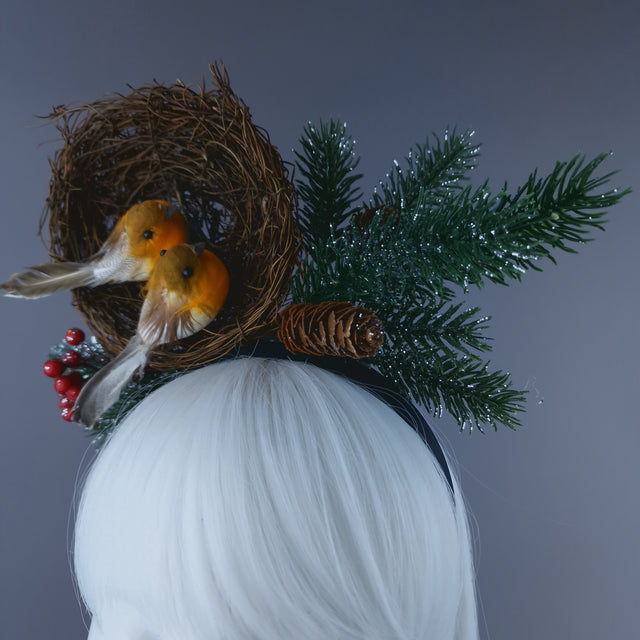 Robins in Nest & Pine Cones Xmas Headdress