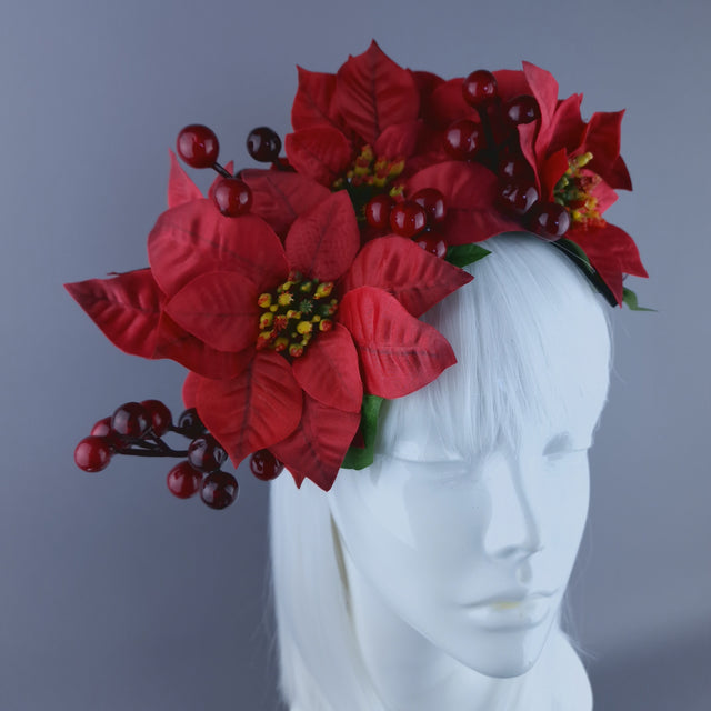 Red Poinsettia & Berries Vintage Style Xmas Headdress