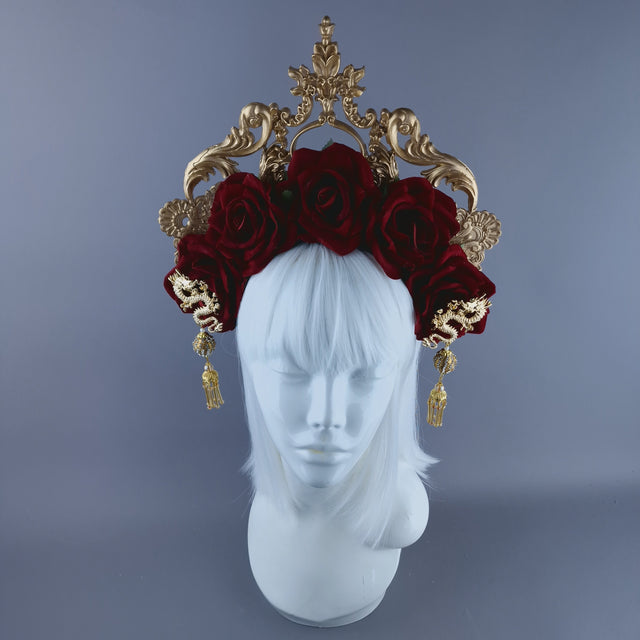 "Doryu" Red Rose, Pearls & Gold Filigree Halo Headdress