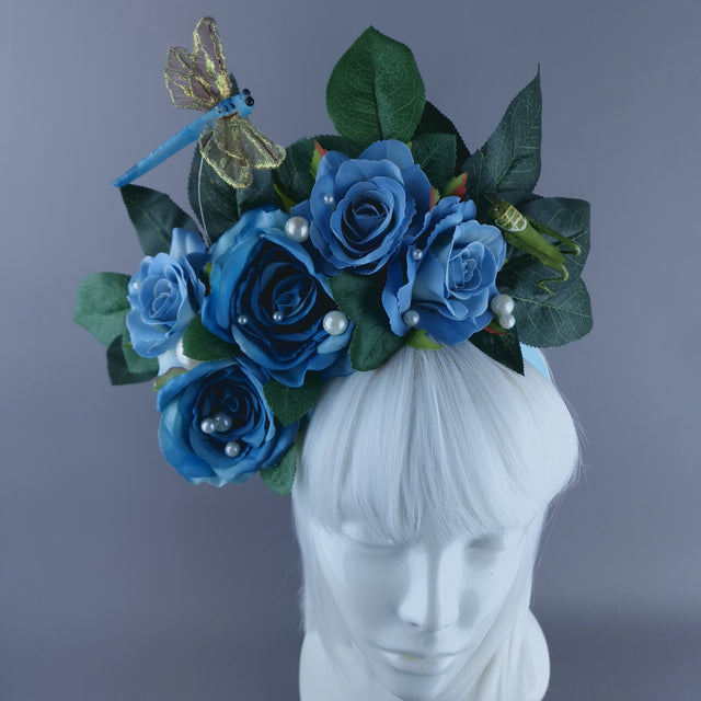 "Lulani" Blue Rose, Pearls & Insects Headdress