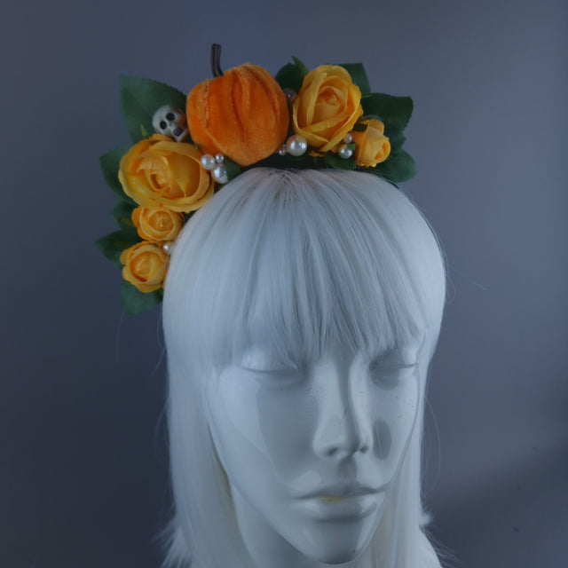 "Inclementia" Orange Pumpkin, Pearls, Skulls & Roses Headpiece