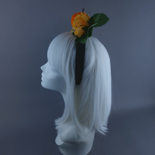 "Inclementia" Orange Pumpkin, Pearls, Skulls & Roses Headpiece