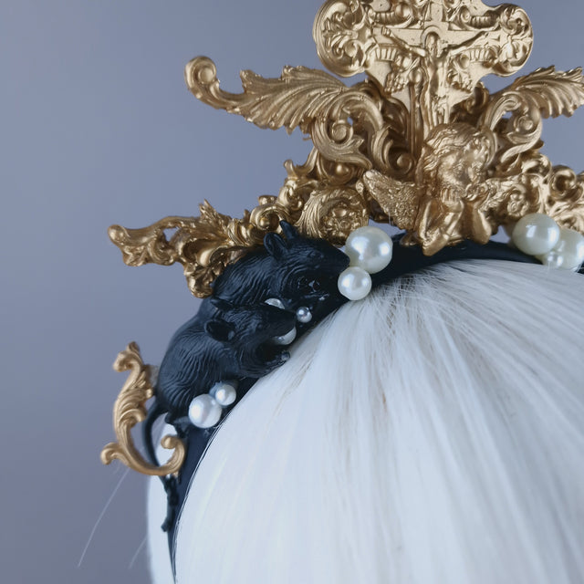 "Miu" Black Rat, Pearl & Gold Filigree Headpiece