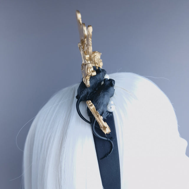 "Miu" Black Rat, Pearl & Gold Filigree Headpiece