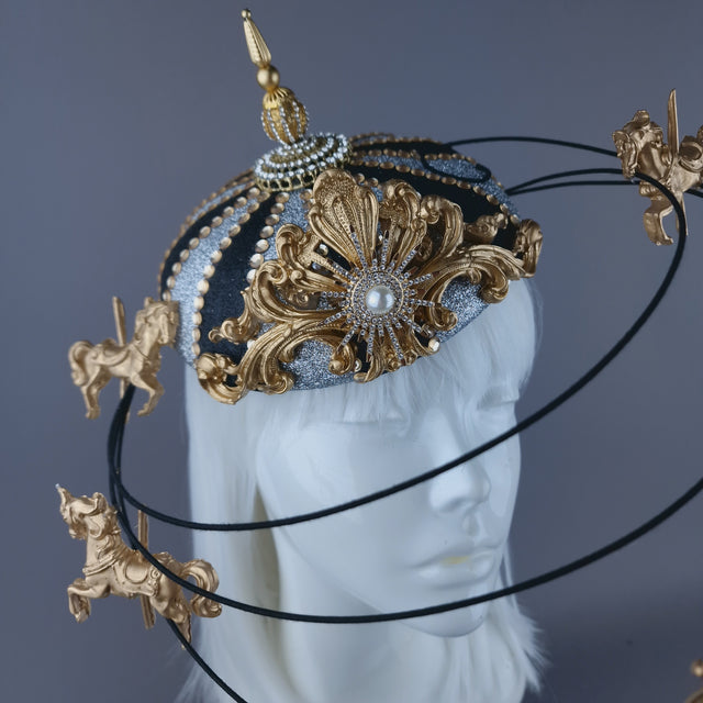 "Cirque Forever" Black, Silver & Gold Circus Carousel Wired Veil Hat