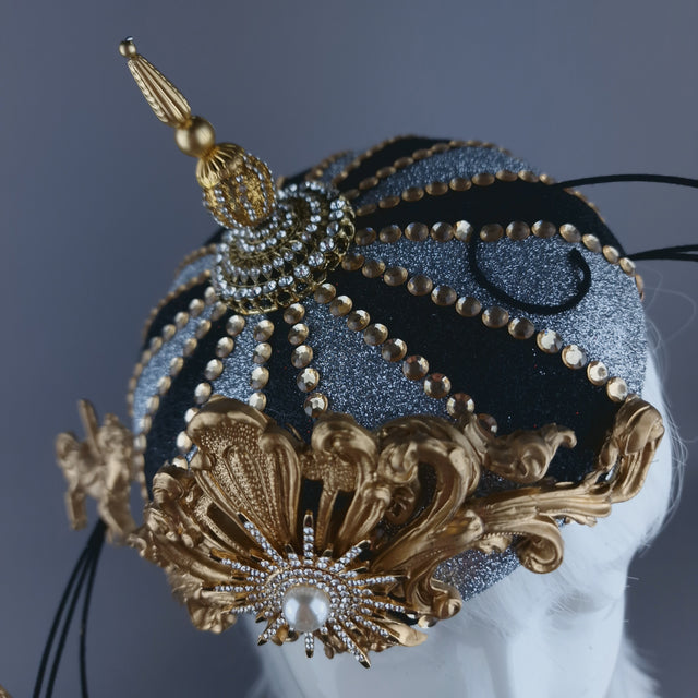 "Cirque Forever" Black, Silver & Gold Circus Carousel Wired Veil Hat