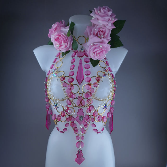 "Chastity" Pink Rose, Jewel & Chain Harness