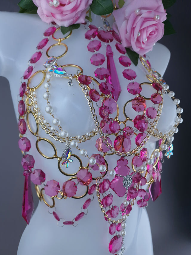 "Chastity" Pink Rose, Jewel & Chain Harness