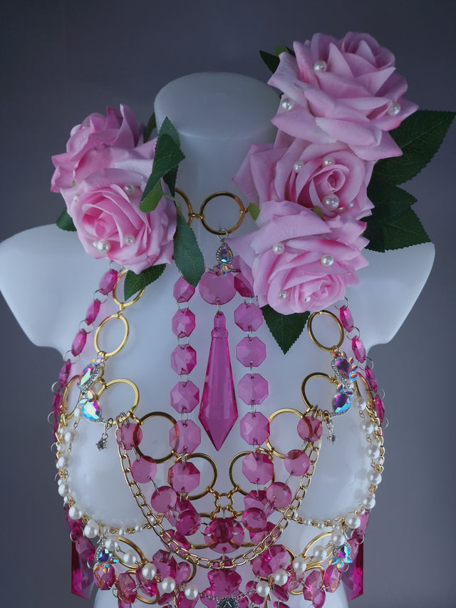 "Chastity" Pink Rose, Jewel & Chain Harness