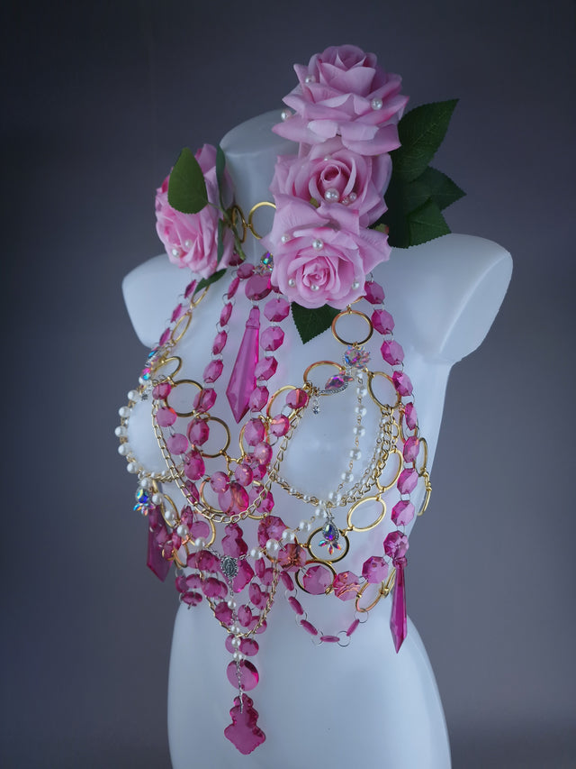 "Chastity" Pink Rose, Jewel & Chain Harness