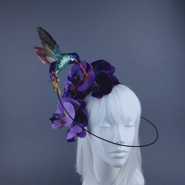 "Whir" Hummingbird & Purple Orchid Headdress