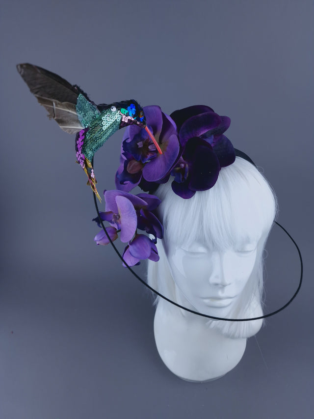 "Whir" Hummingbird & Purple Orchid Headdress