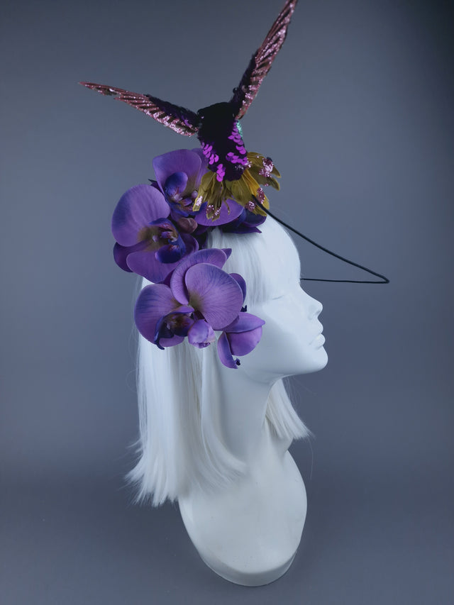 "Whir" Hummingbird & Purple Orchid Headdress